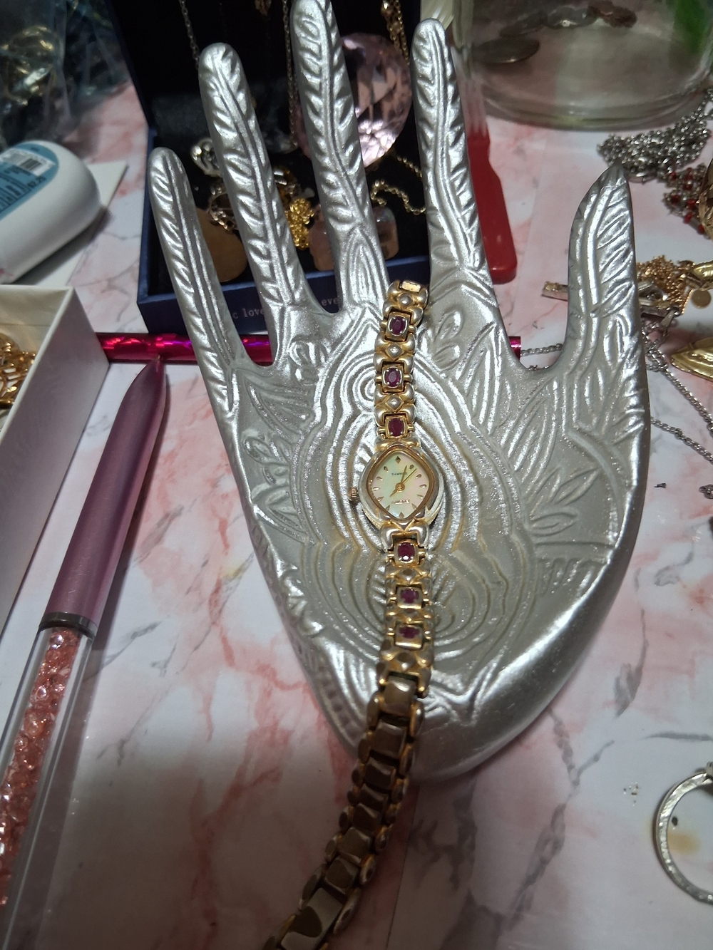 Gold Tone Women's Bracelet Watch with Ruby Accents